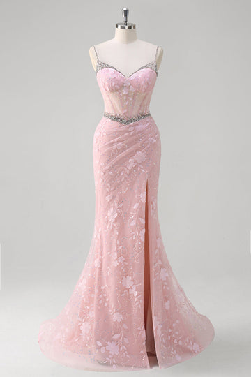 Sirena rosa Spaghetti Straps paillettes corsetto floreale Abito da Cerimonia con perline